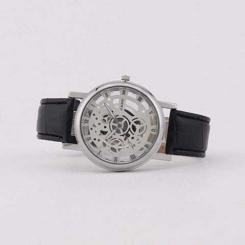 Men Skeleton Quartz Watch Leather Strap Roman Numerals Mechanical Style Analog Dial Business Casual Fashion Wristwatch