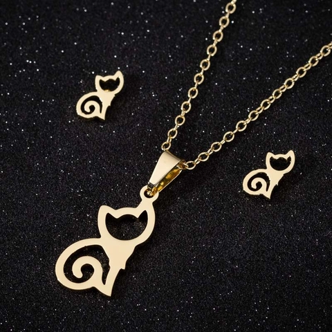 Set di Gioielli a Forma di Gatto in Acciaio Inossidabile Minimalista per Donna Collana con Pendente a Gatto Placcata Oro Argento e Orecchini