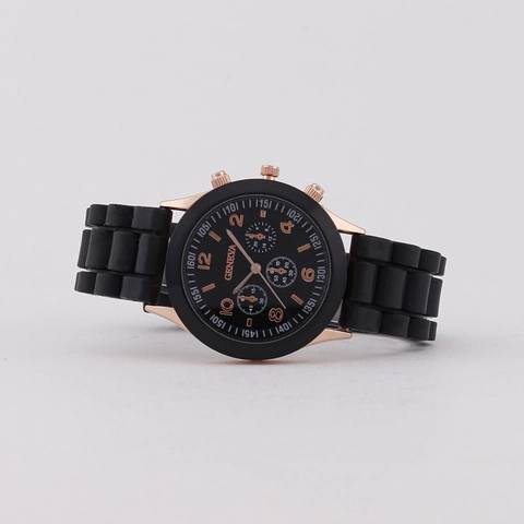 Women Fashion Quartz Watch Silicone Strap Analog Rose Gold Case Decorative Three Eye Dial Round Wristwatch For Ladies Daily Wear