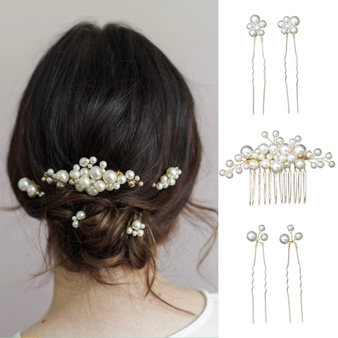 Artificial Pearl Hair Accessories Bridal Hair Comb And Hairpins Baroque Gold Alloy Wedding Headpiece For Women Flower Design