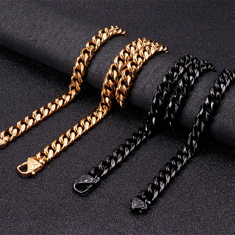 Men Cuban Link Chain Necklace Stainless Steel Hip Hop Punk Streetwear Accessory Gold Black Color