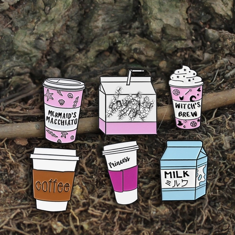 Lindos Pines De Esmalte Taza De Café Caja De Leche Broches De Aleación Joyería Kawaii Bebida Mágica Para Ropa Bolsos