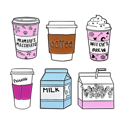 Lindos Pines De Esmalte Taza De Café Caja De Leche Broches De Aleación Joyería Kawaii Bebida Mágica Para Ropa Bolsos