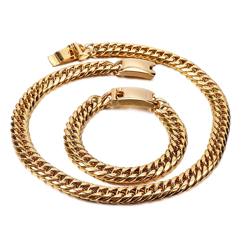 Men Stainless Steel Cuban Link Chain Necklace And Bracelet Hip Hop Punk Chunky Polished Jewelry Accessory