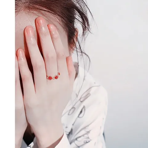 Sweet Korean Style Copper Open Ring Red Strawberry Enamel Rhinestone Adjustable Finger Ring For Women Girls Fashion Jewelry Gift
