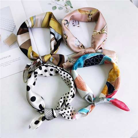 Vintage Print Satin Square Scarf Satin Like Neck Kerchief Fashionable Hair Band Bag Accessory For Women