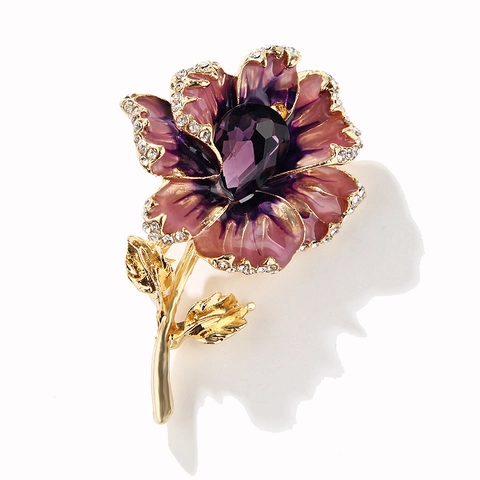 Elegant Flower Brooch Pin Alloy Enamel Inlaid Pear Shaped Crystal Rhinestone Floral Jewelry For Women Gift