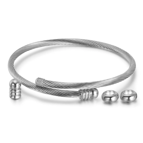 Bracciale a Cerchio da Donna in Acciaio Inossidabile con Cavo Torsidato Minimalista Regolabile Aperto con Perline Rimovibili Gioielli Moda