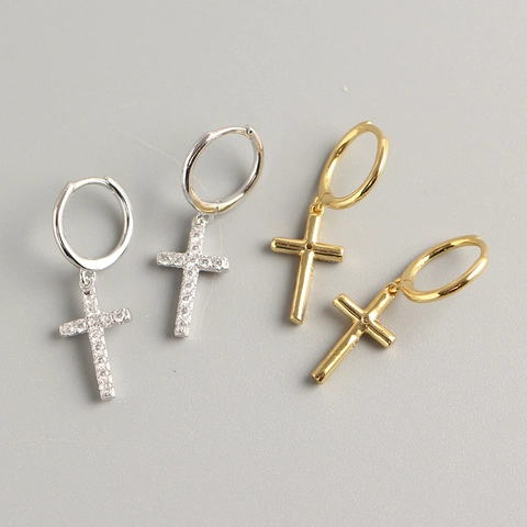 Pendientes De Aro Con Cruz De Plata De Ley 925 Circonita Cúbica Joyería De Moda Para Mujeres Niñas Regalo