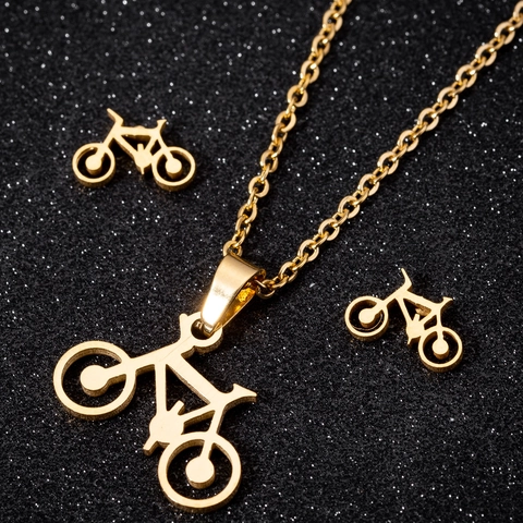 Collier Et Boucles D'oreilles En Acier Inoxydable Motif Bicyclette Bijoux Simples Pour Femmes Filles