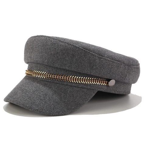Casquette Gavroche en Cuir PU Rétro pour Femmes Style Britannique Béret en Laine Avec Chaîne en Métal Casquette de Marine d'Hiver