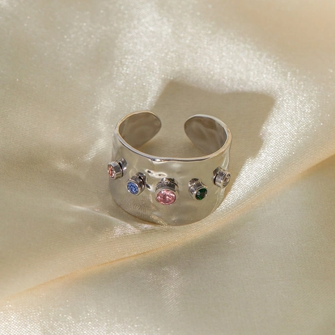 Wide Band Hammered Ring Stainless Steel Multi Color Zircon Adjustable Open Finger Jewelry Ins Style For Women