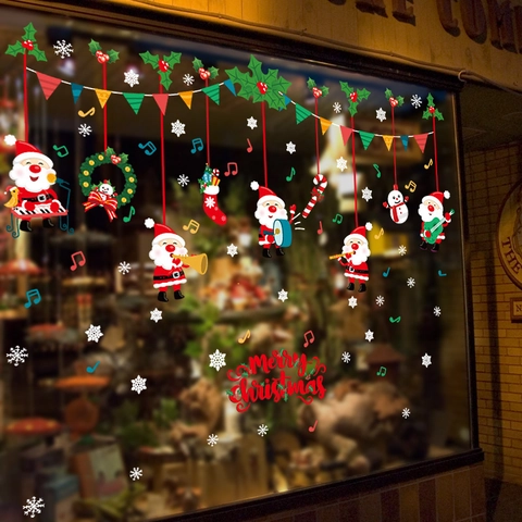 Christmas Window Stickers Santa Claus Musician Snowman Snowflake Music Notes PVC Static Cling Holiday Decor Wall Decals