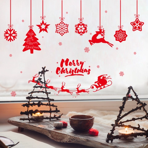Pegatinas De Ventana De Navidad Silueta Roja Copo De Nieve Reno Trineo PVC Impermeable Calcomanías De Pared Decorativas Decoración Navideña