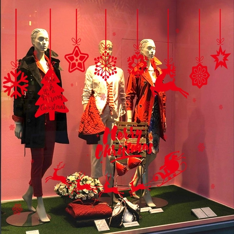 Pegatinas De Ventana De Navidad Silueta Roja Copo De Nieve Reno Trineo PVC Impermeable Calcomanías De Pared Decorativas Decoración Navideña