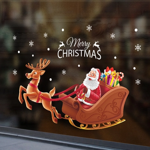 Pegatinas de Ventana de Feliz Navidad Papá Noel Reno Trineo Calcomanías de Pared de PVC para Escaparate Hogar Oficina Decoración
