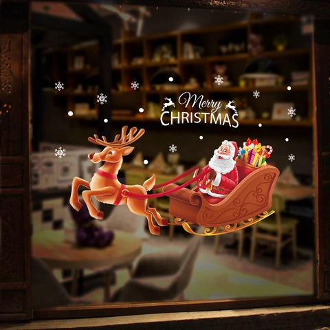 Pegatinas de Ventana de Feliz Navidad Papá Noel Reno Trineo Calcomanías de Pared de PVC para Escaparate Hogar Oficina Decoración