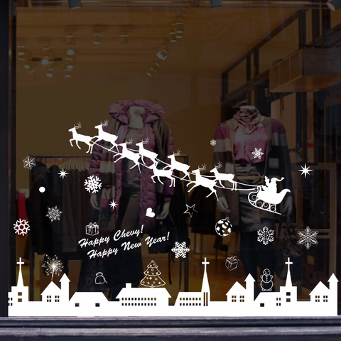 Christmas Window Stickers PVC Reindeer Santa Claus Snowflake Village Silhouette Removable Festive New Year Glass Decor