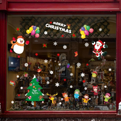 Pegatinas De Ventana Navidad PVC Papá Noel Muñeco De Nieve Reno Vinilos Decorativos Para Tienda Vidrio Decoración Hogar Dibujos Animados