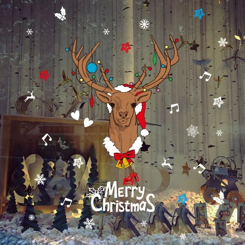 Christmas Reindeer PVC Wall Stickers Merry Christmas Window Decals Snowflake Star Cartoon Festival Home Decor