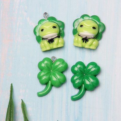 Resin Charms Green Cartoon Frog Four Leaf Clover Pendants For DIY Jewelry Making Keychain Earring Accessories Novelty