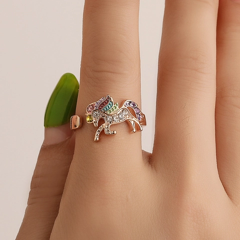 Unicorn Adjustable Open Ring Copper Multi Color Zircon Rhinestone Inlaid Cute Animal Finger Jewelry For Women Girls