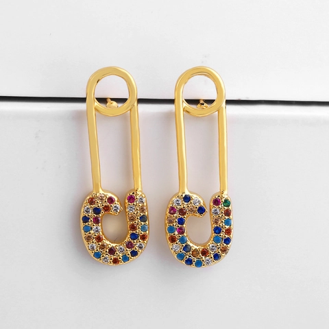 Colorful Cubic Zirconia Stud Earrings Safety Pin Crescent Moon Shape Copper Gold Plated Fashion Jewelry For Women