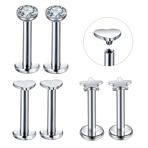 Stainless Steel Lip Rings Heart Star Zircon Flat Back Labret Studs Body Piercing Jewelry Women Men