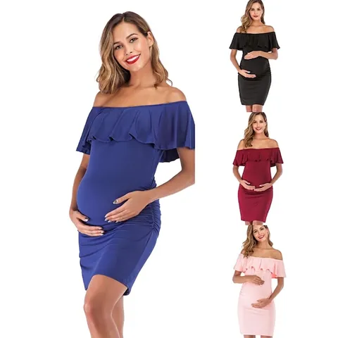 Off Shoulder Maternity Dress Ruffle Trim Side Ruching Bodycon Pregnancy Knit Dress For Women Plain Elegant
