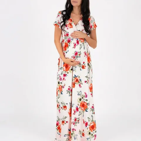 Positiejurk Maxi Met Bloemenprint V-hals Korte Mouwen Hoge Taille Rekbaar Elegant Lang Zwangerschapskleding Voor Dames