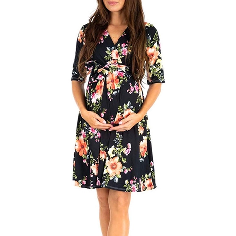 Maternity Dress V Neck Half Sleeve Polka Dot Floral Print Wrap Tie Waist Poly Cotton Blend Comfortable Elegant