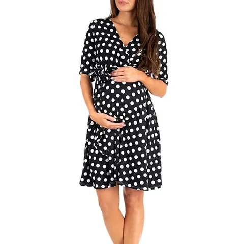 Maternity Dress V Neck Half Sleeve Polka Dot Floral Print Wrap Tie Waist Poly Cotton Blend Comfortable Elegant