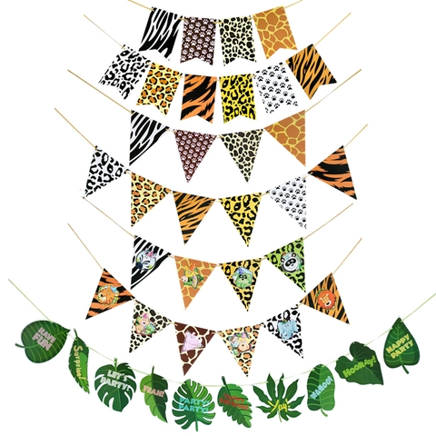 Jungle Safari Glitter Party Banner Animal Print Tropical Leaves Paper Garland Hanging Decor For Birthday Celebration
