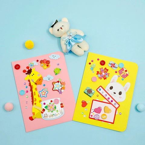 Diy Grußkarten Handgefertigte Papierkarten Mit Knöpfen Strasssteinen Cartoon Tier Kinder Lehrertag Geburtstagsgeschenk