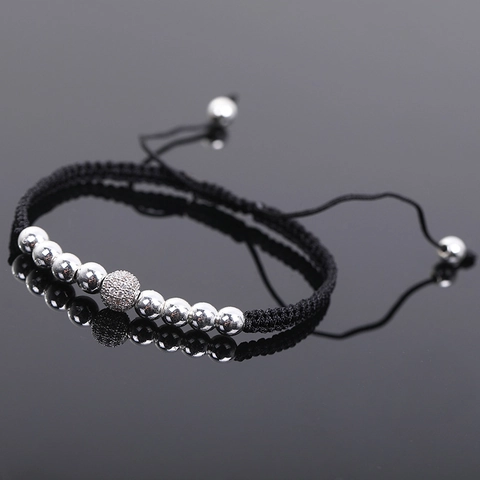 Adjustable Braided Rope Bracelet Hematite Metal Beads Micro Pave Zircon Ball Handmade Jewelry For Men And Women