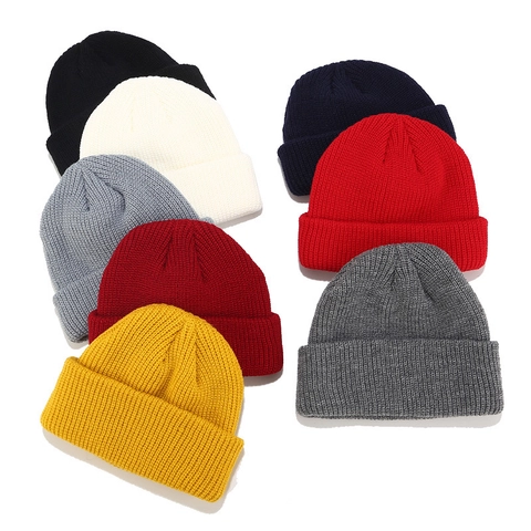 Knitted Beanie Hat Ribbed Docker Cap Brimless Solid Color Winter Warm Streetwear Retro Miki Style For Men And Women