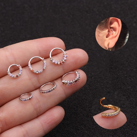 Copper Hoop Earrings Colorful Zircon Inlaid Hinged Clicker Nose Ring Cartilage Piercing Jewelry For Women Simple Style