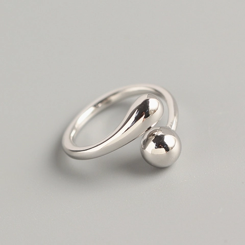 925 Sterling Zilveren Open Ring Voor Dames Verstelbare Waterdruppel En Ronde Kraal Geometrische Minimalistische Sieraden