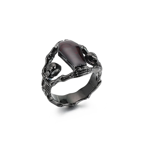 Gothik Punk Sarg Ring Für Herren Edelstahl Skelett Hand Mit Rotem Stein Vintage Biker Schmuck