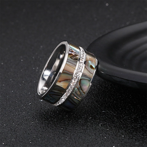Anello Largo In Acciaio Inossidabile Con Intarsio In Conchiglia Di Abulone E Zircone A Fila Singola Stile Punk Moda Unisex