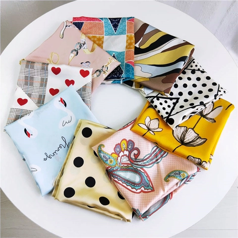 Vintage Print Satin Square Scarf Satin Like Neck Kerchief Fashionable Hair Band Bag Accessory For Women