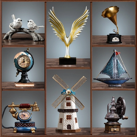 Retro Home Decor Accents Figurines Resin Metal Vintage Industrial Style Desktop Ornaments Office Living Room Bookshelf Cabinet