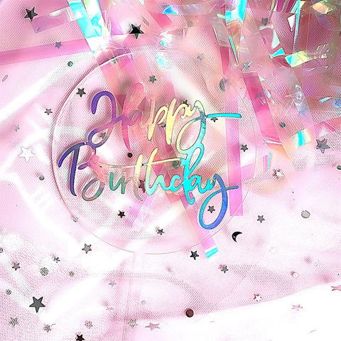 Happy Birthday Cake Topper Acrylic Holographic Laser Party Decoration Supplies For Celebration Anniversary Occasions