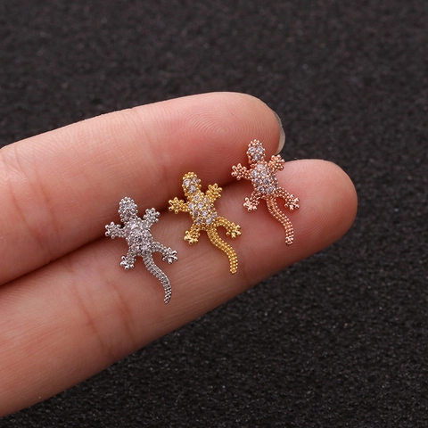 Gecko Lizard Stud Earrings Zirconia Inlaid Copper With Stainless Steel Earring Post Screw Back Cartilage Piercing Jewelry