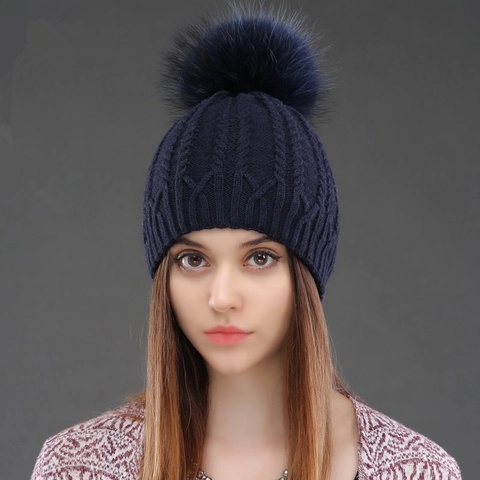 Gorro De Punto De Invierno Para Mujer Con Pompon De Piel De Mapache Real Desmontable Mezcla De Lana Grueso