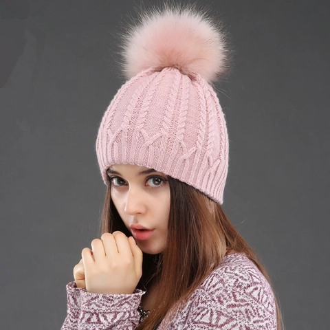 Gorro De Punto De Invierno Para Mujer Con Pompon De Piel De Mapache Real Desmontable Mezcla De Lana Grueso