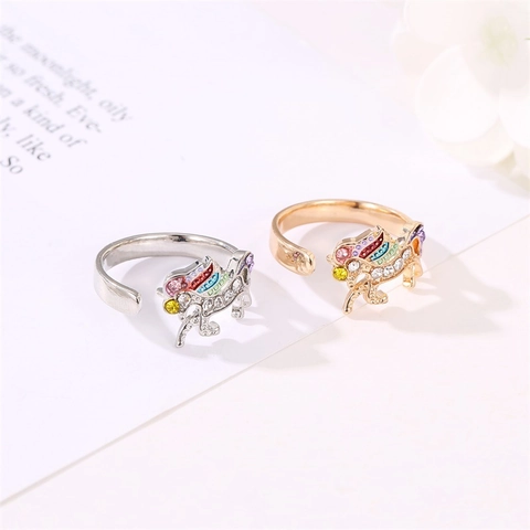 Unicorn Adjustable Open Ring Copper Multi Color Zircon Rhinestone Inlaid Cute Animal Finger Jewelry For Women Girls