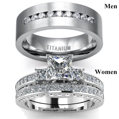 Couple Ring Alloy Crystal Zircon Princess Cut Brushed Finish Wedding Engagement Jewelry For Men And Women