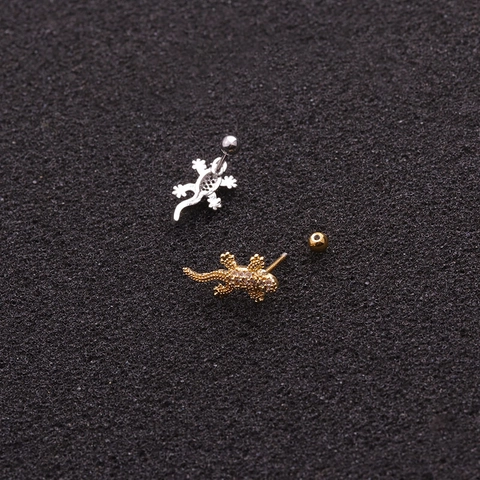 Gecko Lizard Stud Earrings Zirconia Inlaid Copper With Stainless Steel Earring Post Screw Back Cartilage Piercing Jewelry