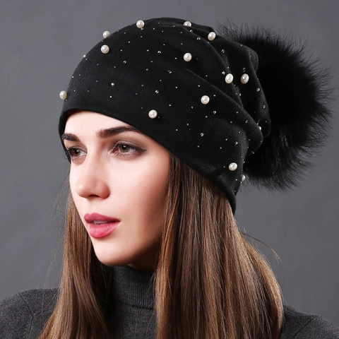 Gorro Beanie De Algodón De Doble Capa Para Mujer Con Pompón De Piel De Mapache Desmontable Perla Artificial Diamantes Invierno Cálido